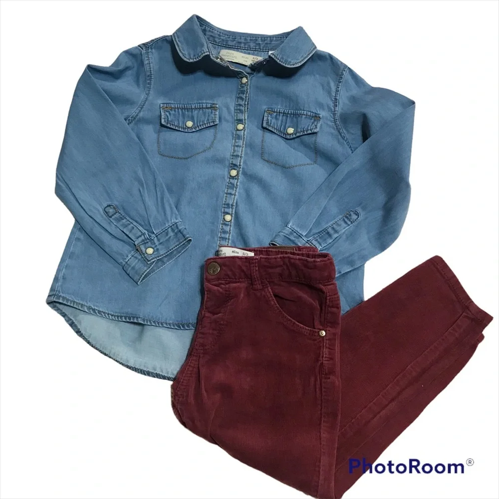 Zara BabyGirl chambray top and Zara velvet pants  outfit 2-3 y GUC